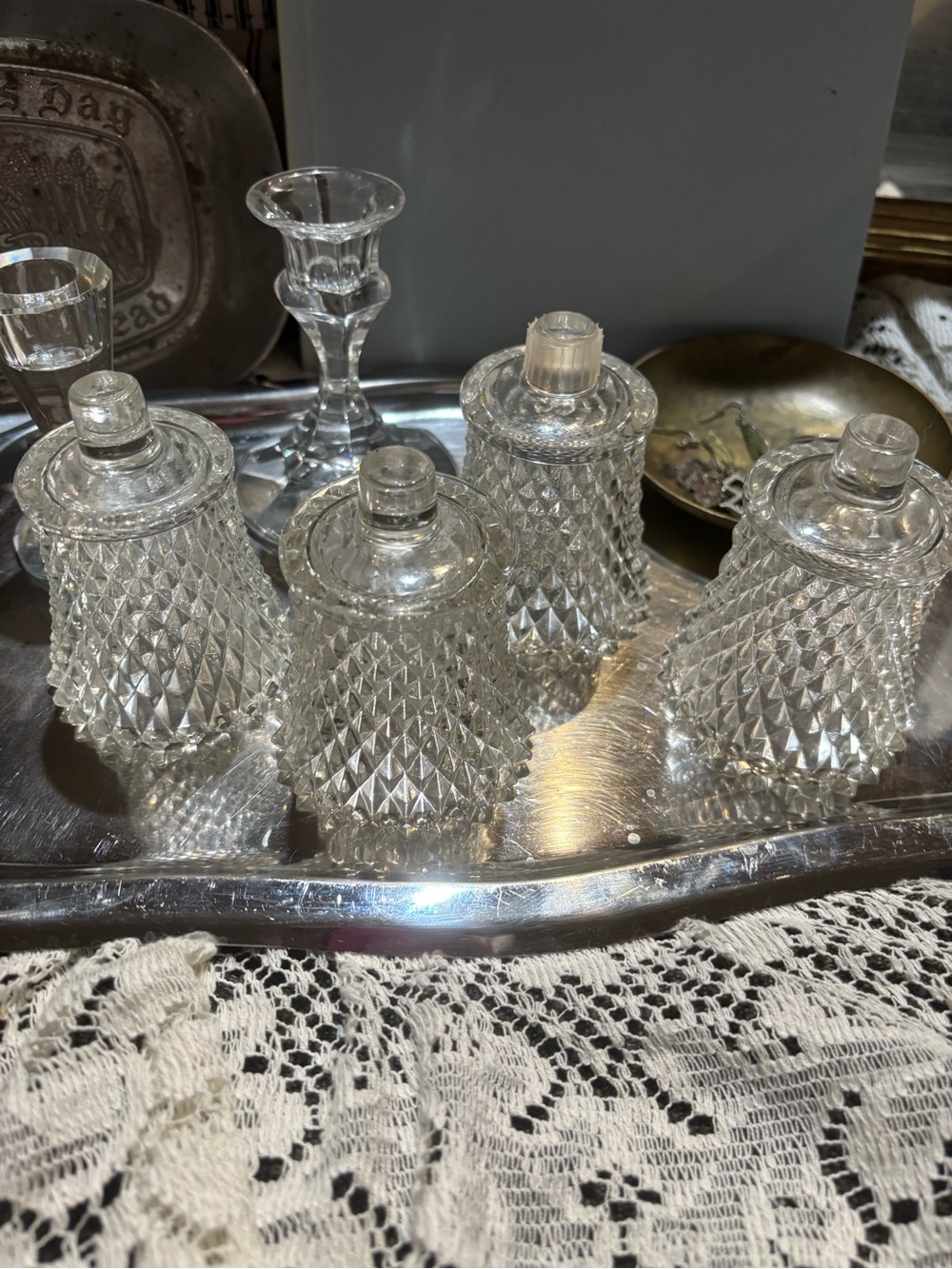 Vintage Clear Glass Diamond Cut Peg Votive Holders Set of 4 🕯️